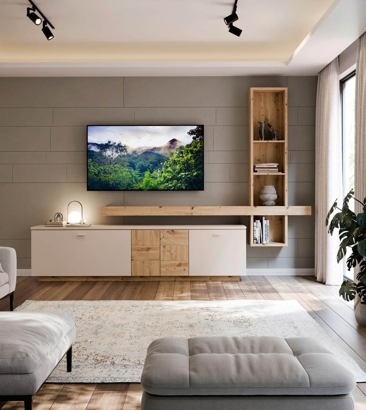 TV-ELEMENT barve hrasta, peščene barve  - siva/barve hrasta, Moderno, kovina/umetna masa (224,8/57,7/41,6cm) - Hom`in