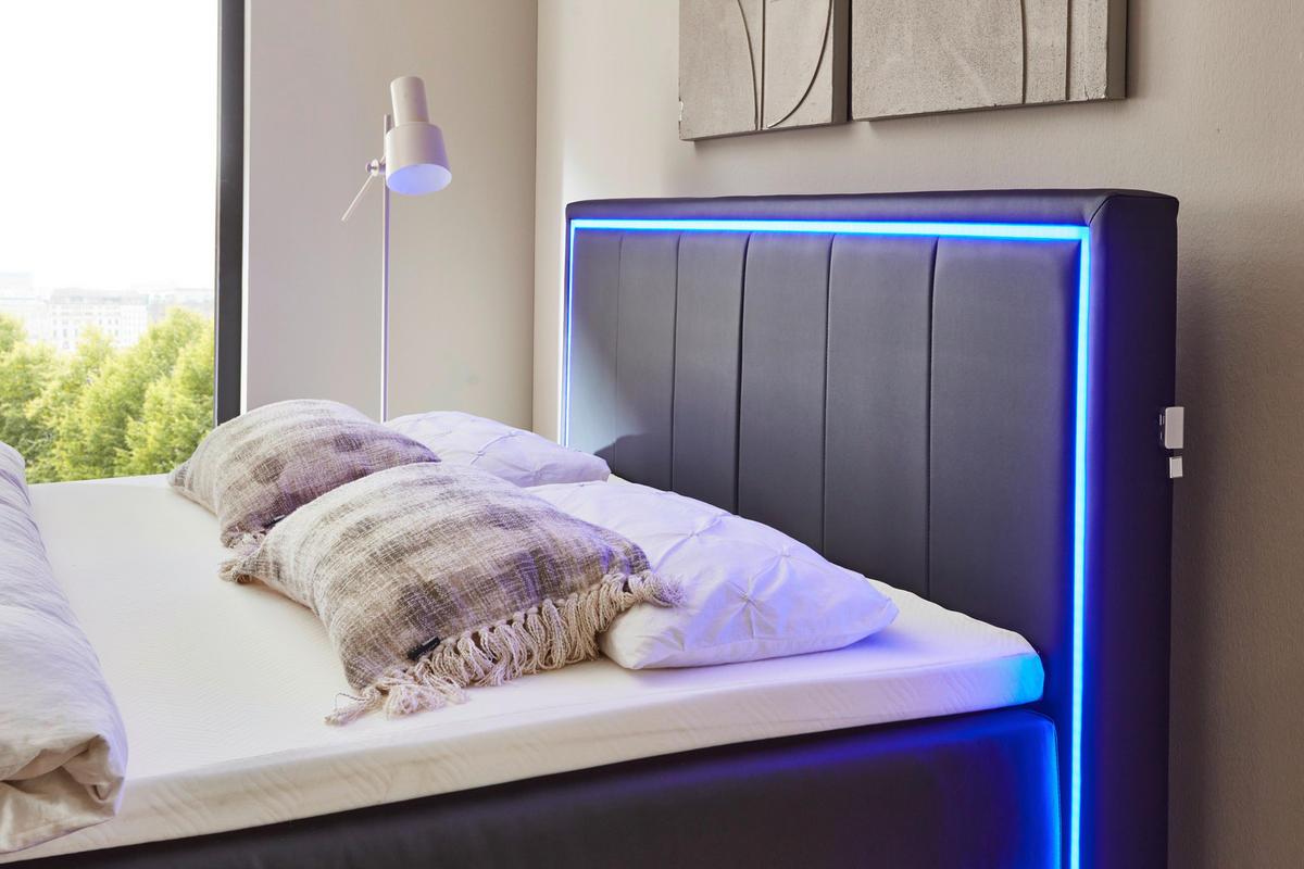 BOXSPRINGBETT 180/200 cm,  in Schwarz, Beleuchtung, Bettkasten, Topper, H3 + H3 = fest  - Silberfarben/Schwarz, Design, Holz/Textil (180/200cm) - Boxxx