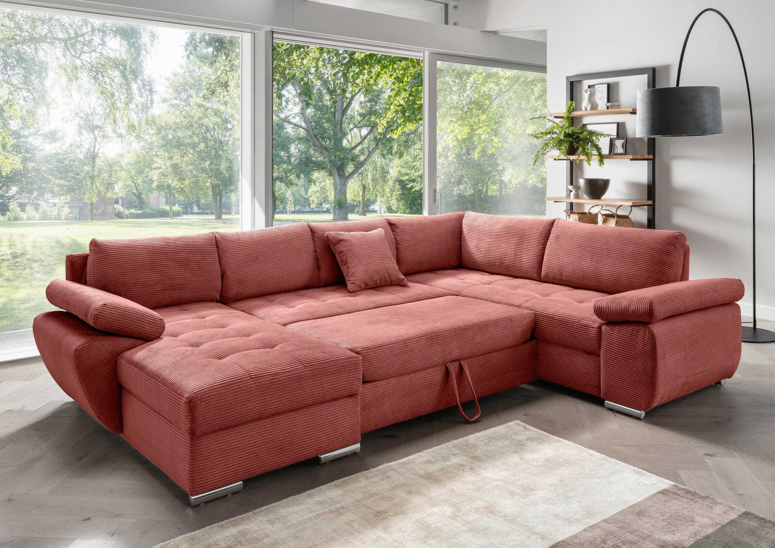 WOHNLANDSCHAFT Koralle Cord  - Chromfarben/Koralle, KONVENTIONELL, Textil/Metall (157/305/219cm) - Livetastic
