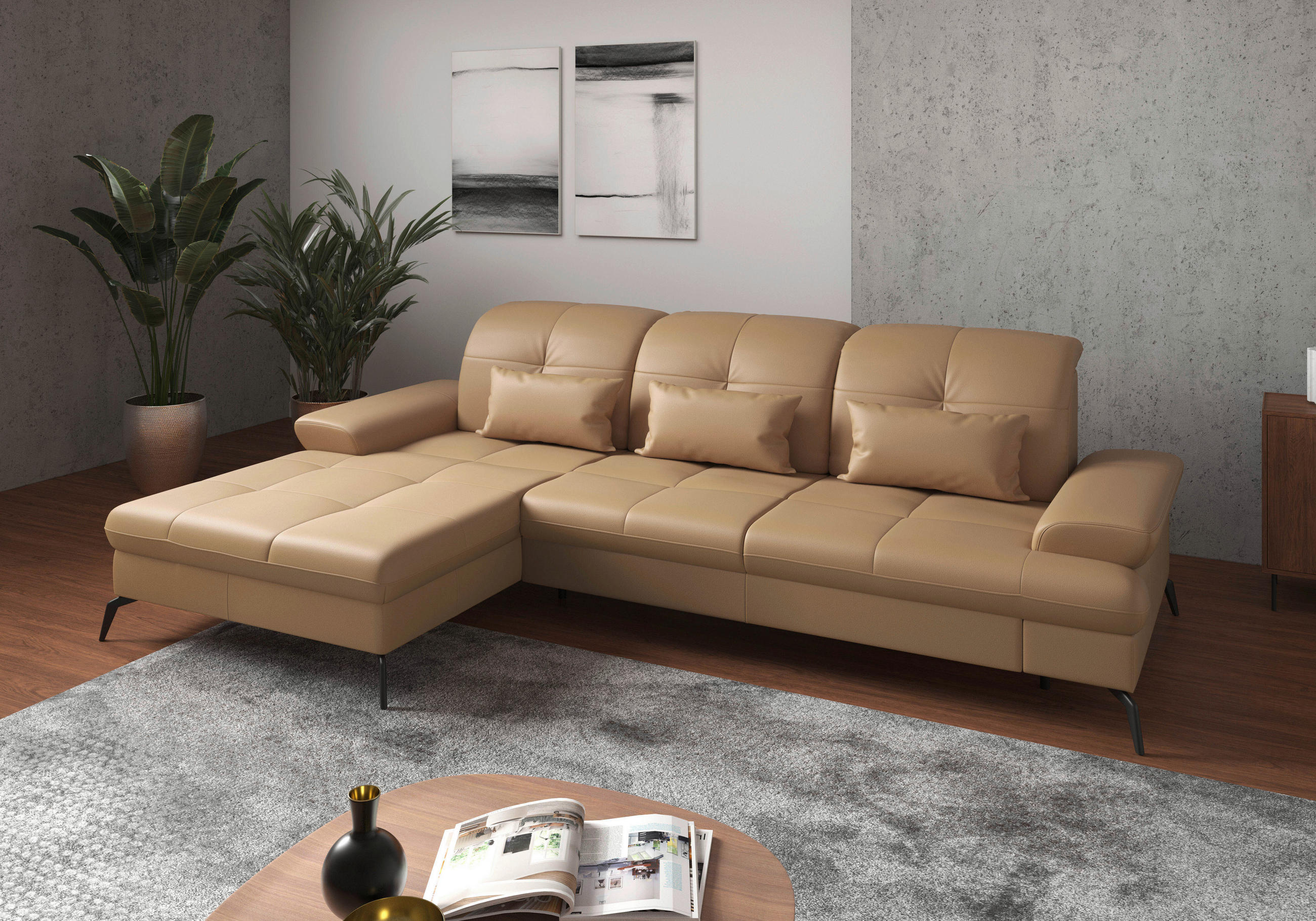 ECKSOFA in Vliesstoff Kombination Echtleder/Stoff Cappuccino  - Schwarz/Cappuccino, Konventionell, Leder/Textil (185/279cm) - Sit & More