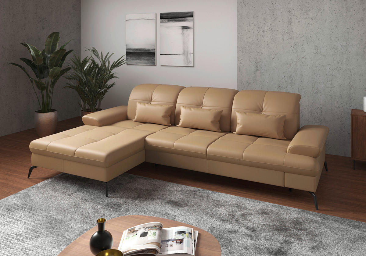 ECKSOFA Cappuccino Kombination Echtleder/Stoff Vliesstoff  - Schwarz/Cappuccino, KONVENTIONELL, Leder/Textil (185/279cm) - Sit & More