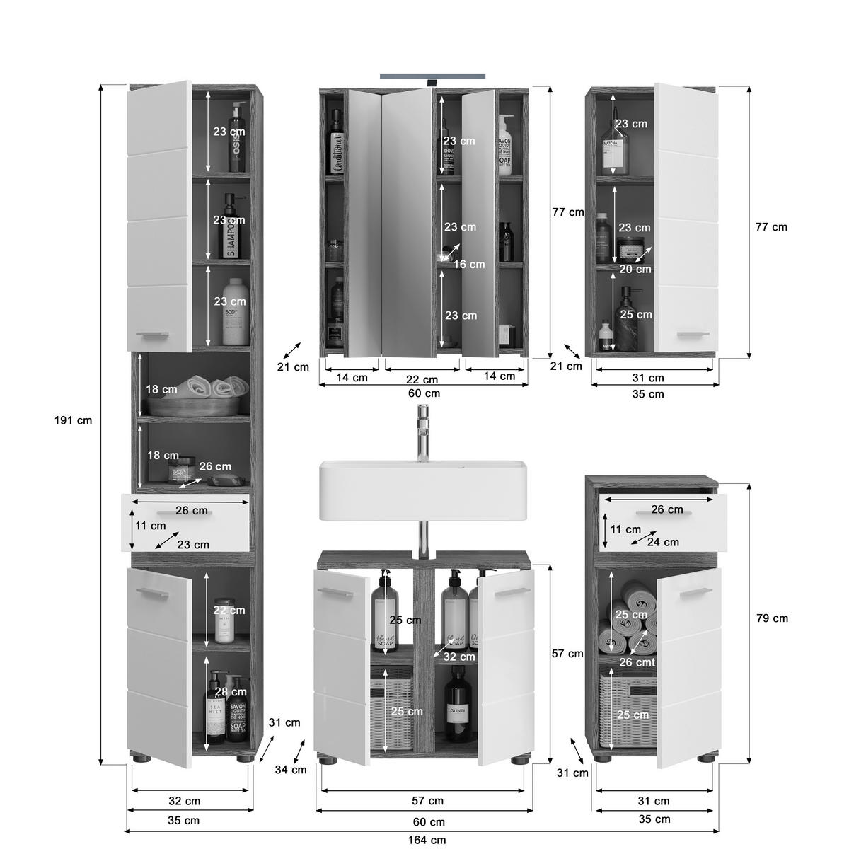 BADEZIMMER 5-teilig  in 164 cm  - Weiß Hochglanz/Silberfarben, MODERN, Glas/Holzwerkstoff (164cm) - MID.YOU