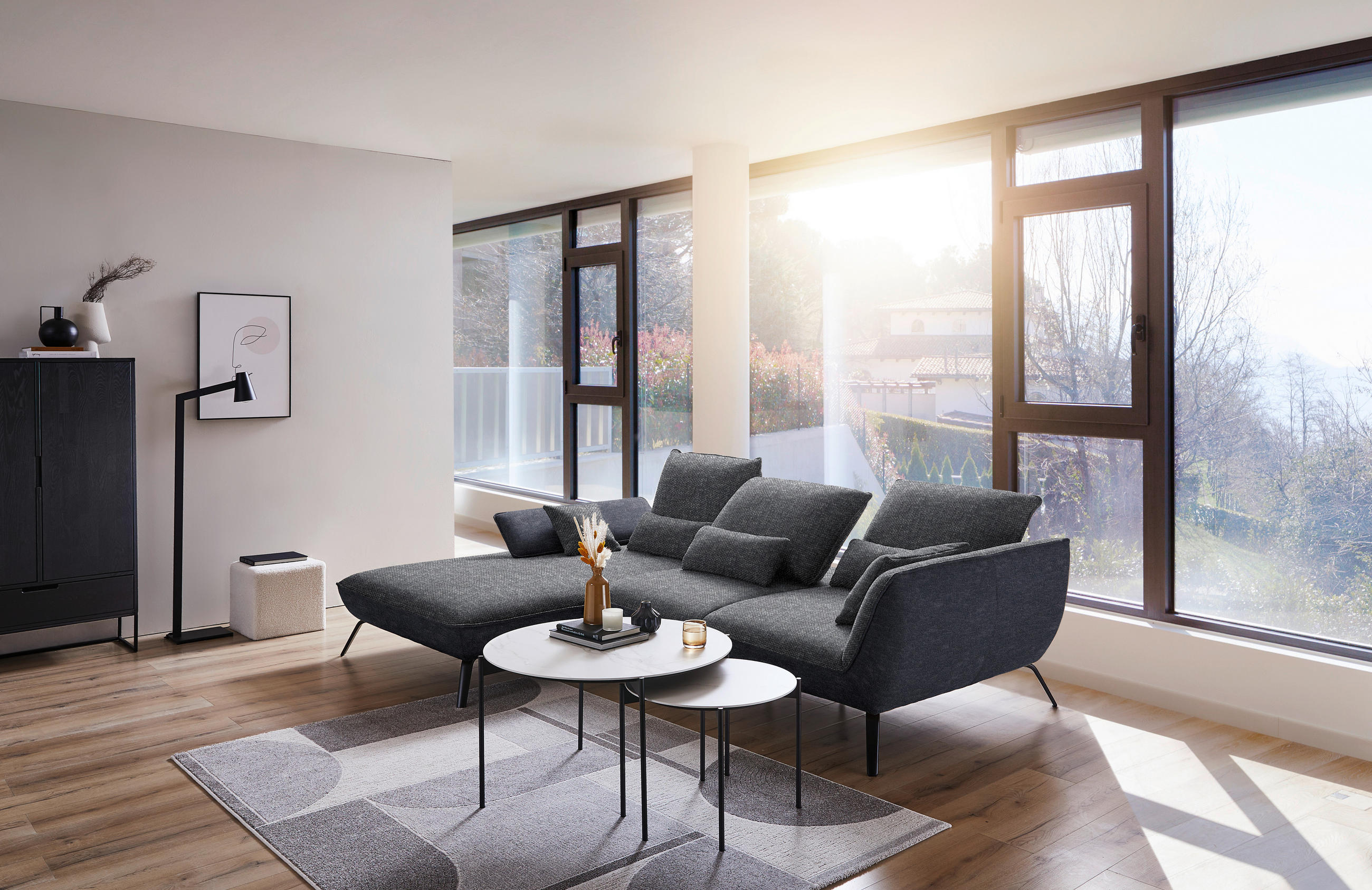 ECKSOFA in Flachgewebe Anthrazit  - Anthrazit/Schwarz, Design, Textil/Metall (191/301cm) - Moderano