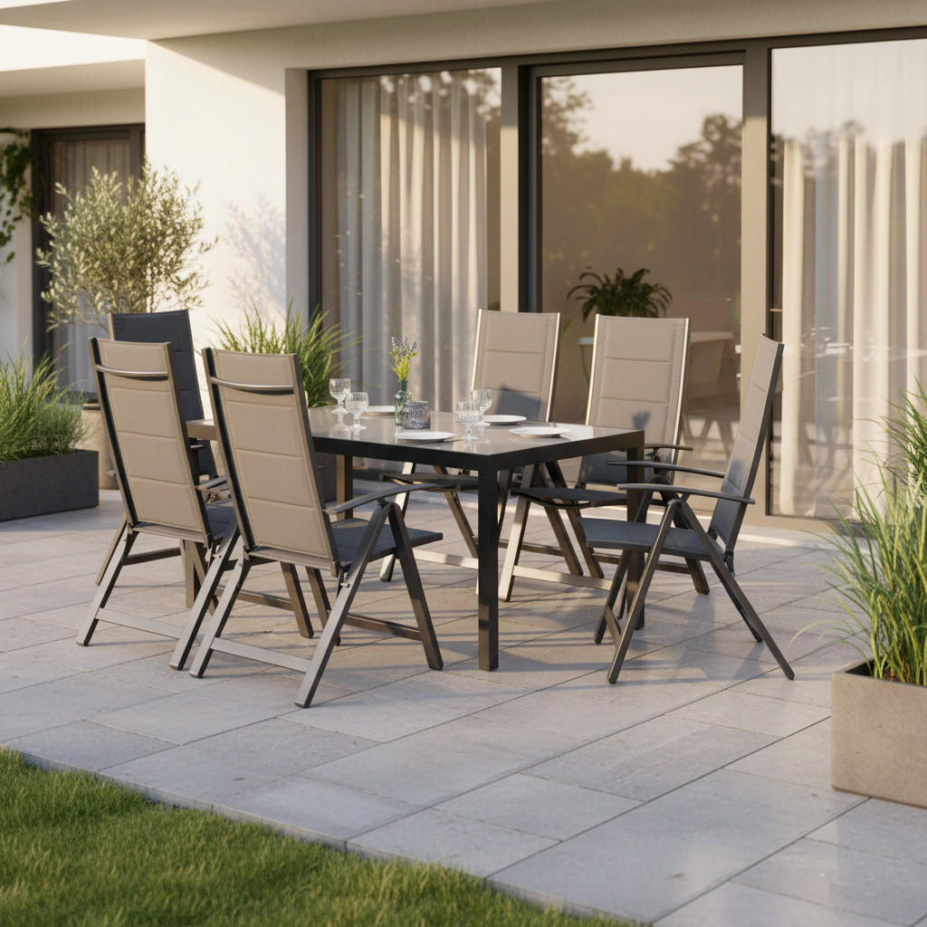 GARTENSET 7-teilig Aluminium 7-teilig  - Dunkelgrau/Graphitfarben, KONVENTIONELL, Glas/Textil - Gardenson