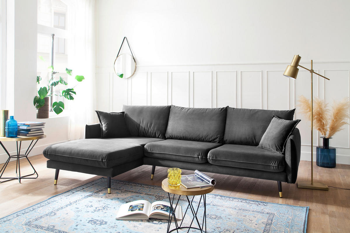 ECKSOFA Eckteil  ROSSANA-REC.2S Anthrazit Samt  - Anthrazit, MODERN, Holz/Textil (258/160cm) - MID.YOU