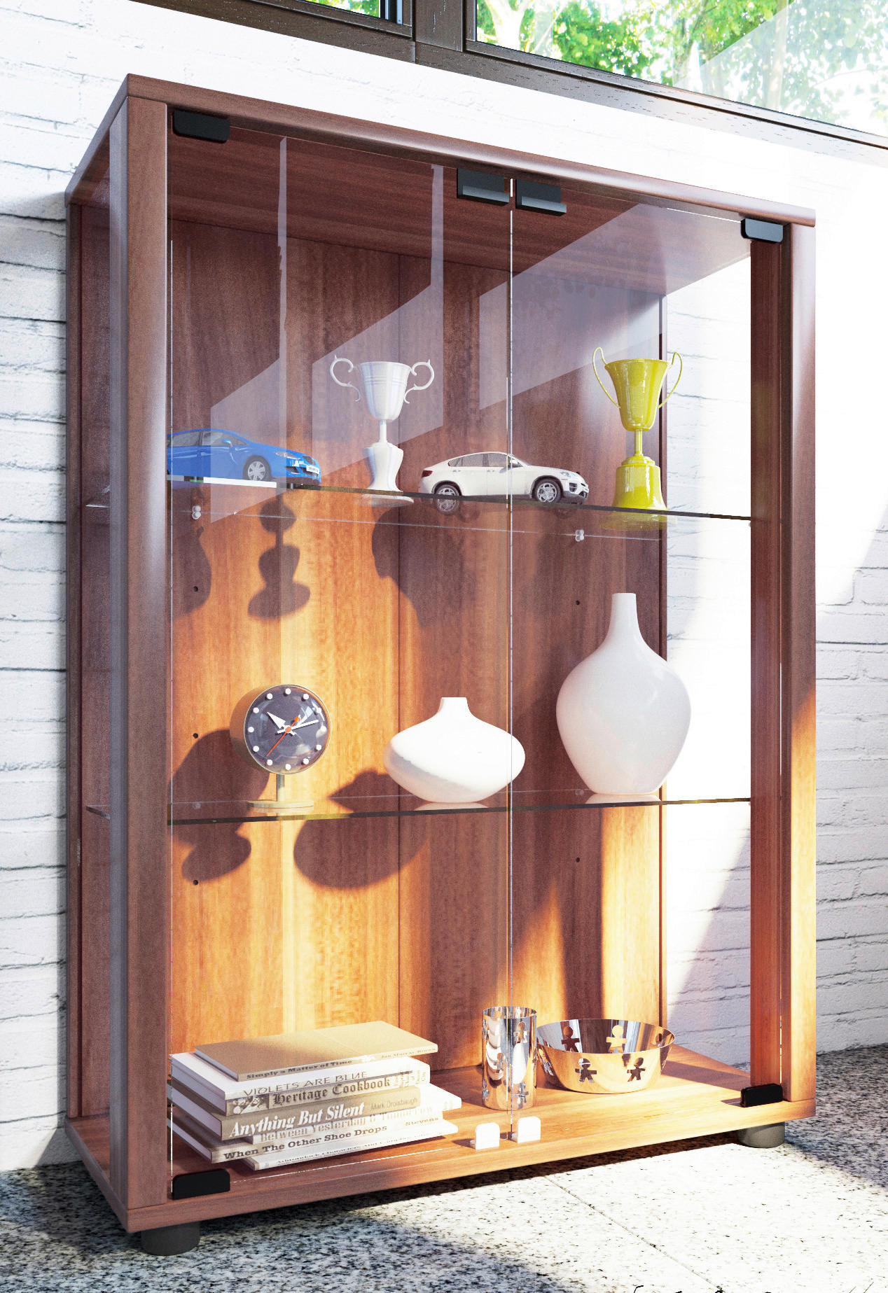 VITRINE in Nussbaumfarben  - Nussbaumfarben/Schwarz, MODERN, Glas/Holzwerkstoff (60/80/25cm) - MID.YOU