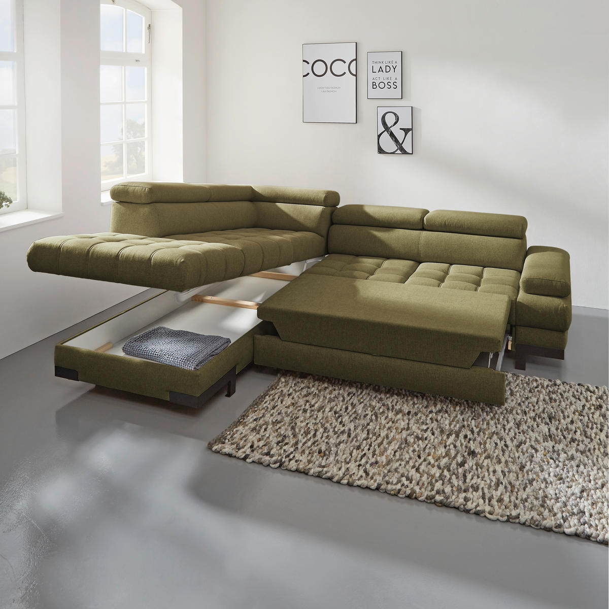 HÖRNSOFFA i vävt tyg olivgrön  - olivgrön/svart, Design, metall/textil (223/263cm) - Livetastic