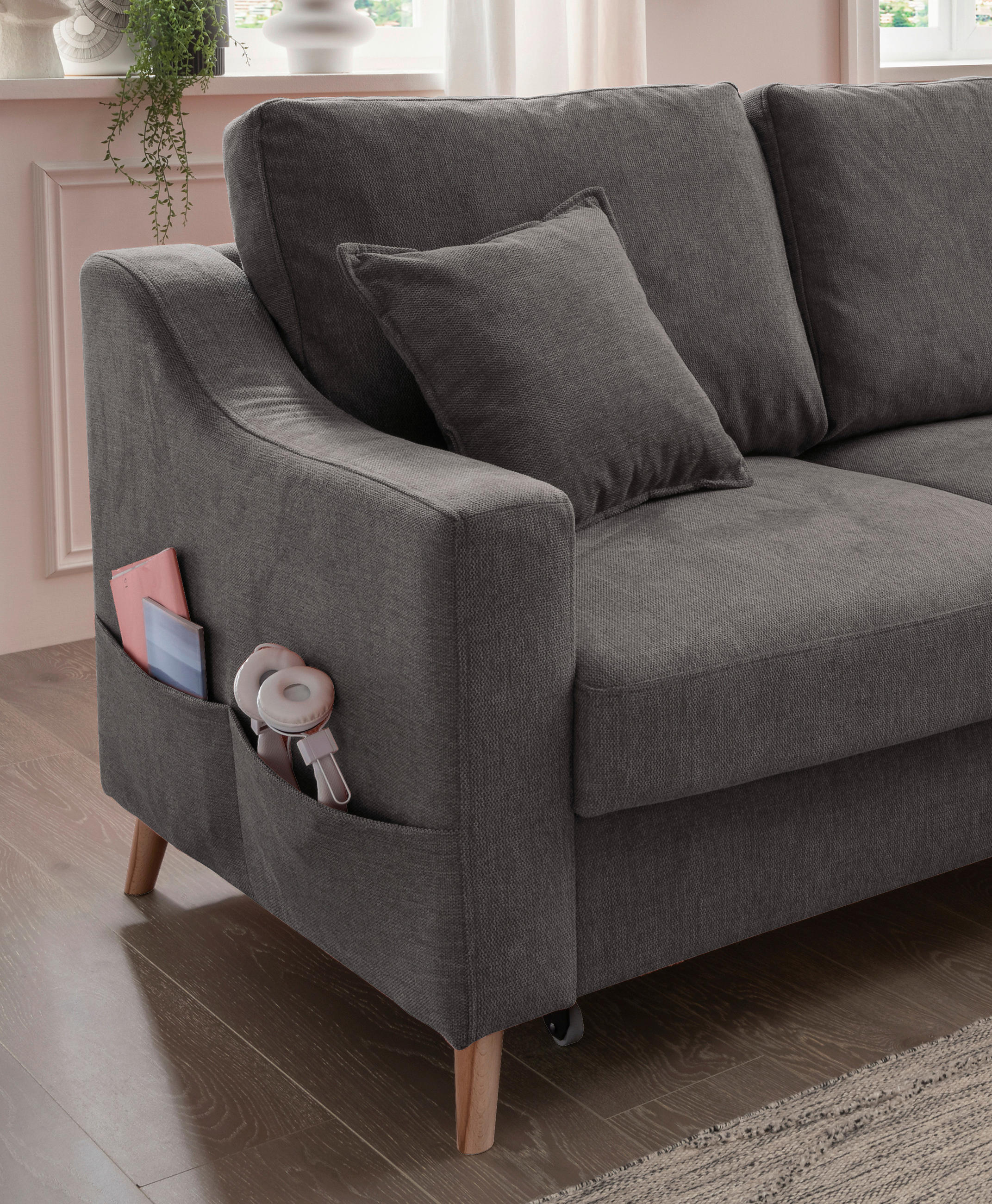 Thumbnail - P & B Ecksofa, Anthrazit, Textil, Buche, massiv, Struktur, 4-Sitzer, Füllung: Schaumstoff, Ottomane rechts, L-Form, 228x...