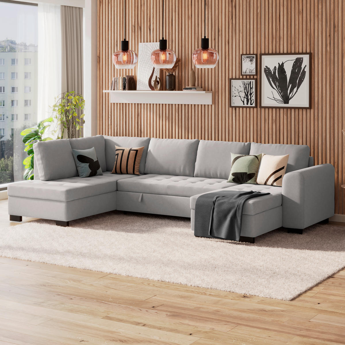 WOHNLANDSCHAFT Hellgrau Mikrofaser  - Hellgrau/Schwarz, MODERN, Kunststoff/Textil (178/305/155cm) - P & B
