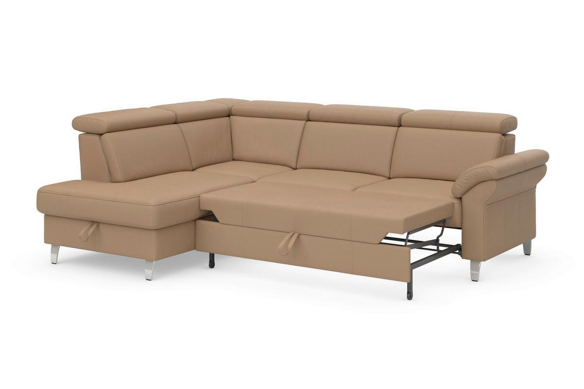 ECKSOFA 194/245 cm ARNGAST E in Echtleder Cappuccino Bettkasten, Kopfteilverstellung, Liegefläche im Originalstoff  194/245 cm  - Chromfarben/Cappuccino, Basics, Leder/Metall (194/245cm) - Sit & More