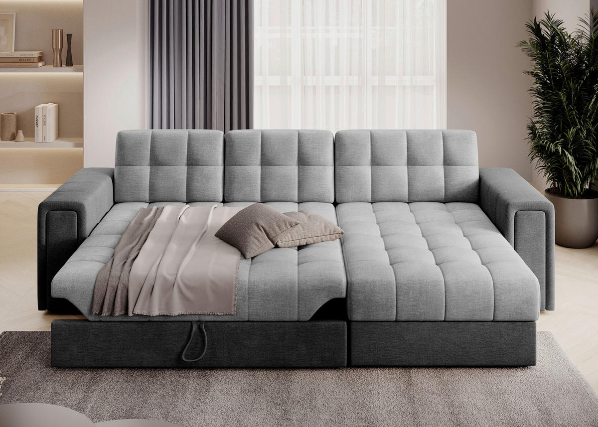 ECKSOFA Samt Hellgrau, Dunkelgrau  - Dunkelgrau/Hellgrau, Design, Kunststoff/Textil (260/150cm) - MID.YOU