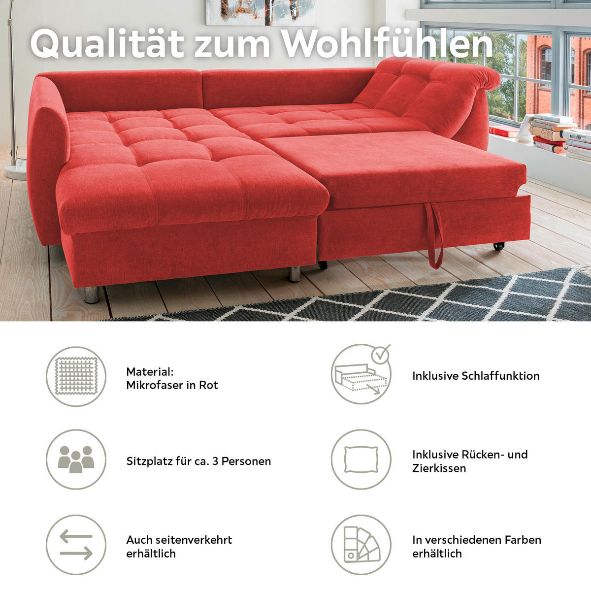 ECKSOFA Rot Mikrofaser  - Chromfarben/Rot, Design, Kunststoff/Textil (190/250cm) - Livetastic