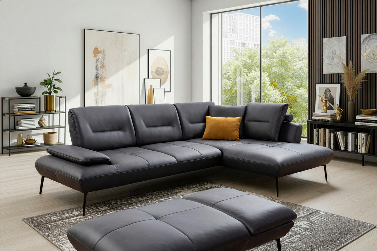 HOCKER Echtleder Anthrazit  - Anthrazit/Schwarz, Design, Leder/Metall (142/43/80cm) - Moderano