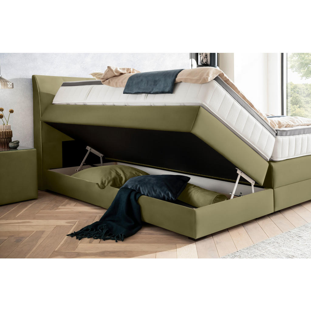 Thumbnail - Novel Boxspringbett, Olivgrün, Textil, Wenge, H2 + H4, 7-Zonen, Höhe ca. 27 cm, 200x200 cm, Bettkasten, Federkernmatratz...