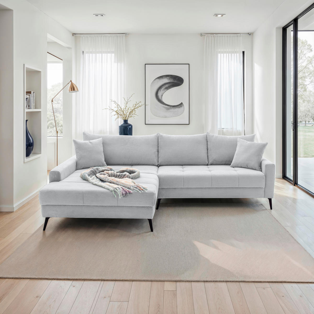 ECKSOFA Hellgrau Cord  - Hellgrau/Schwarz, KONVENTIONELL, Textil/Metall (173/280cm) - Hom`in