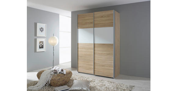 SCHWEBETÜRENSCHRANK 136/210/62 cm 2-türig Weiß, Sonoma Eiche  - Alufarben/Weiß, Basics, Holzwerkstoff/Metall (136/210/62cm) - Carryhome