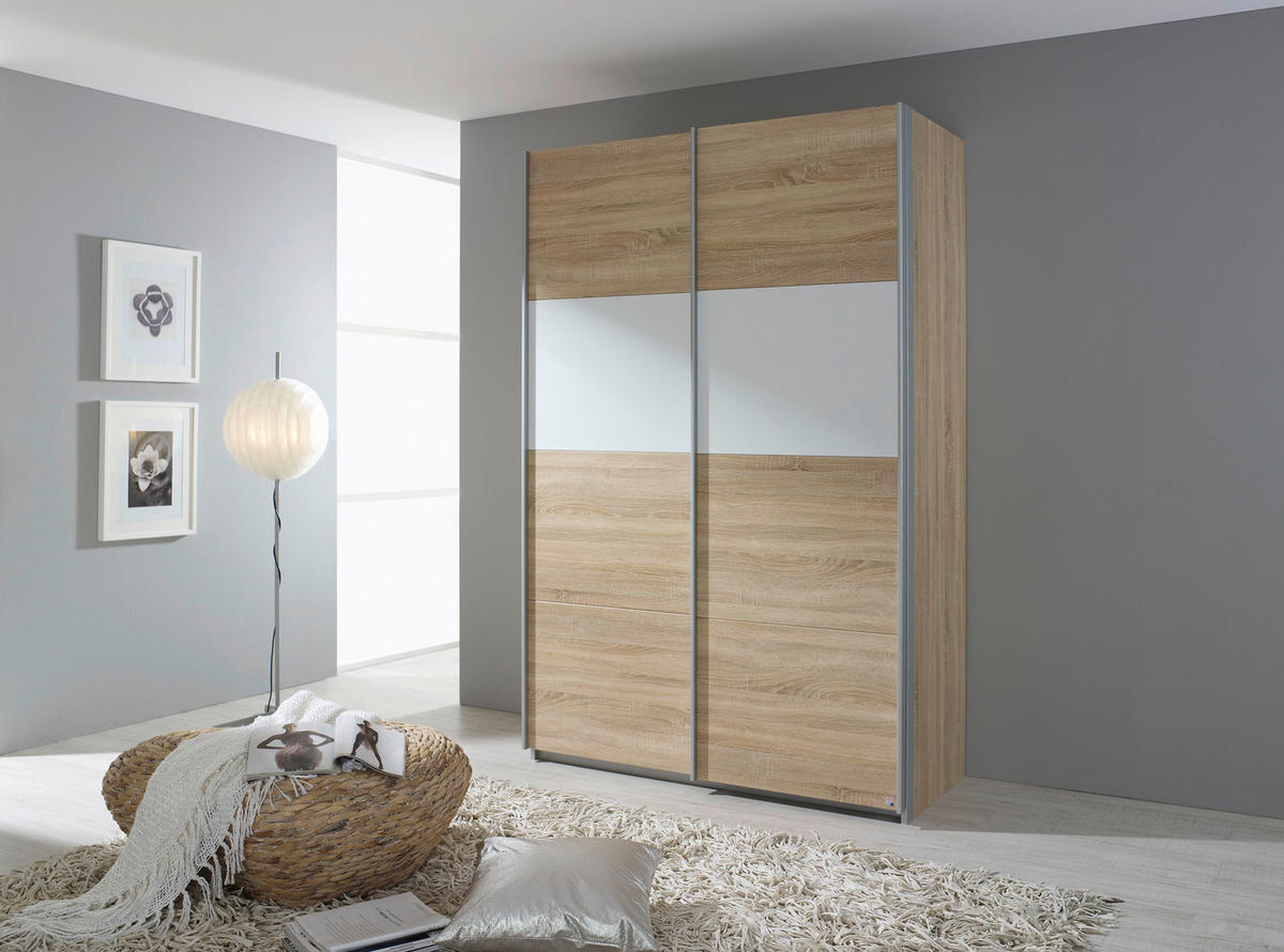 SCHWEBETÜRENSCHRANK 136/210/62 cm 2-türig Weiß, Sonoma Eiche  - Alufarben/Weiß, Basics, Holzwerkstoff/Metall (136/210/62cm) - Carryhome