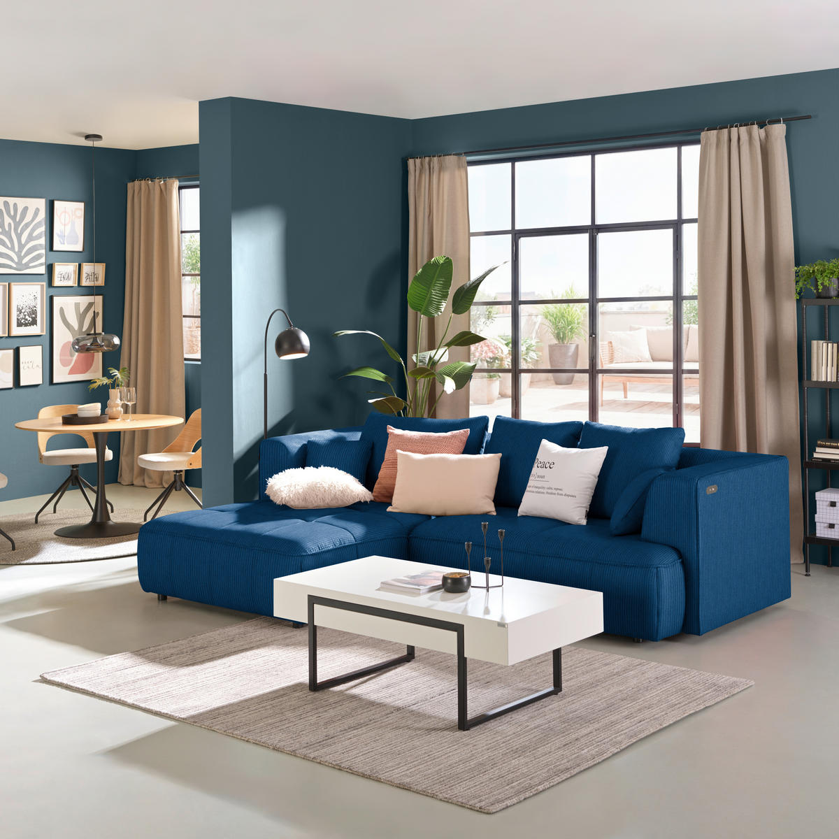 ECKSOFA Feincord Royalblau  - Royalblau/Schwarz, Design, Kunststoff/Textil (188/288cm) - Welnova