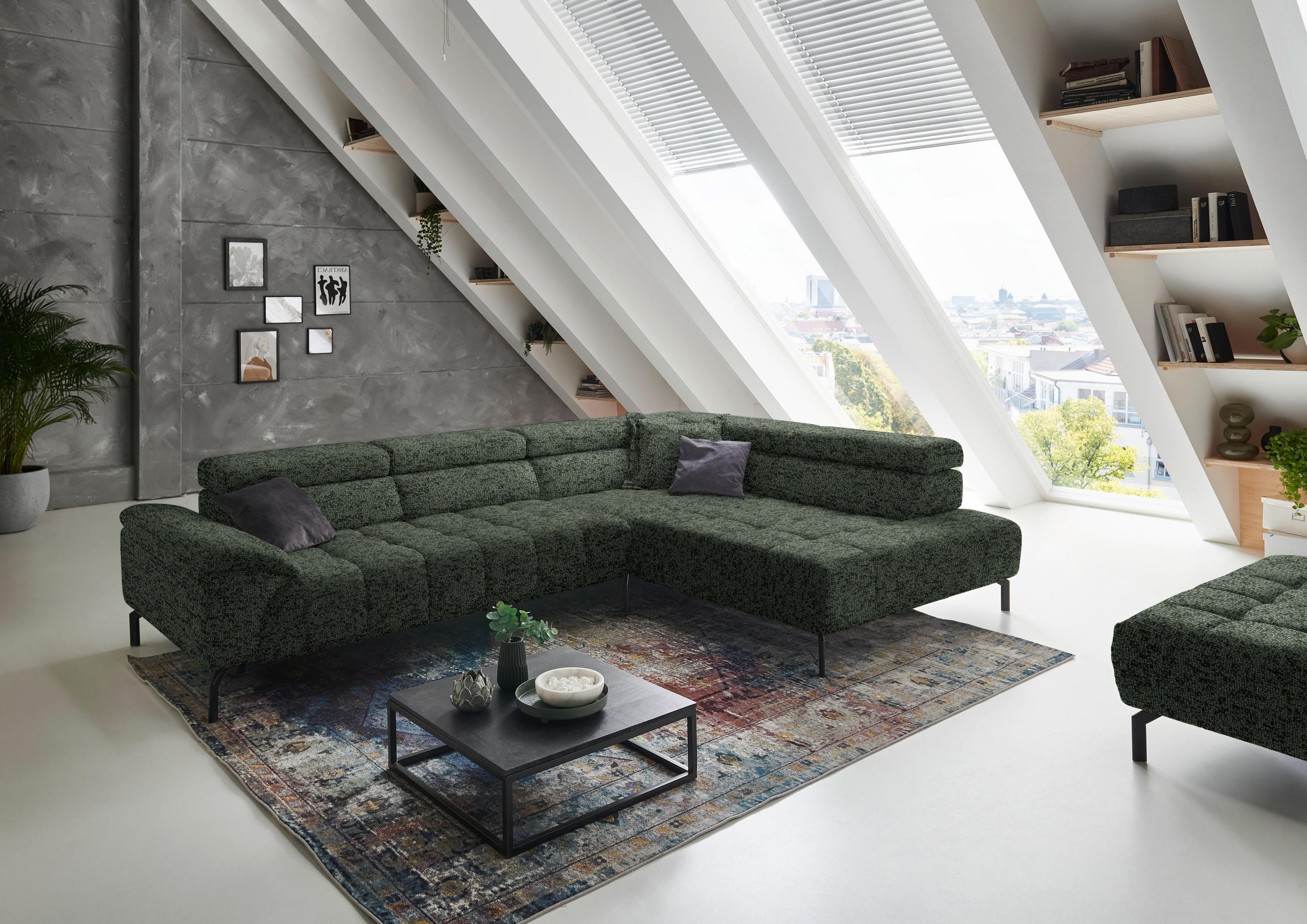 ECKSOFA in Chenille Grün  323/222 cm  - Schwarz/Grün, Design, Textil/Metall (323/222cm) - Beldomo Style