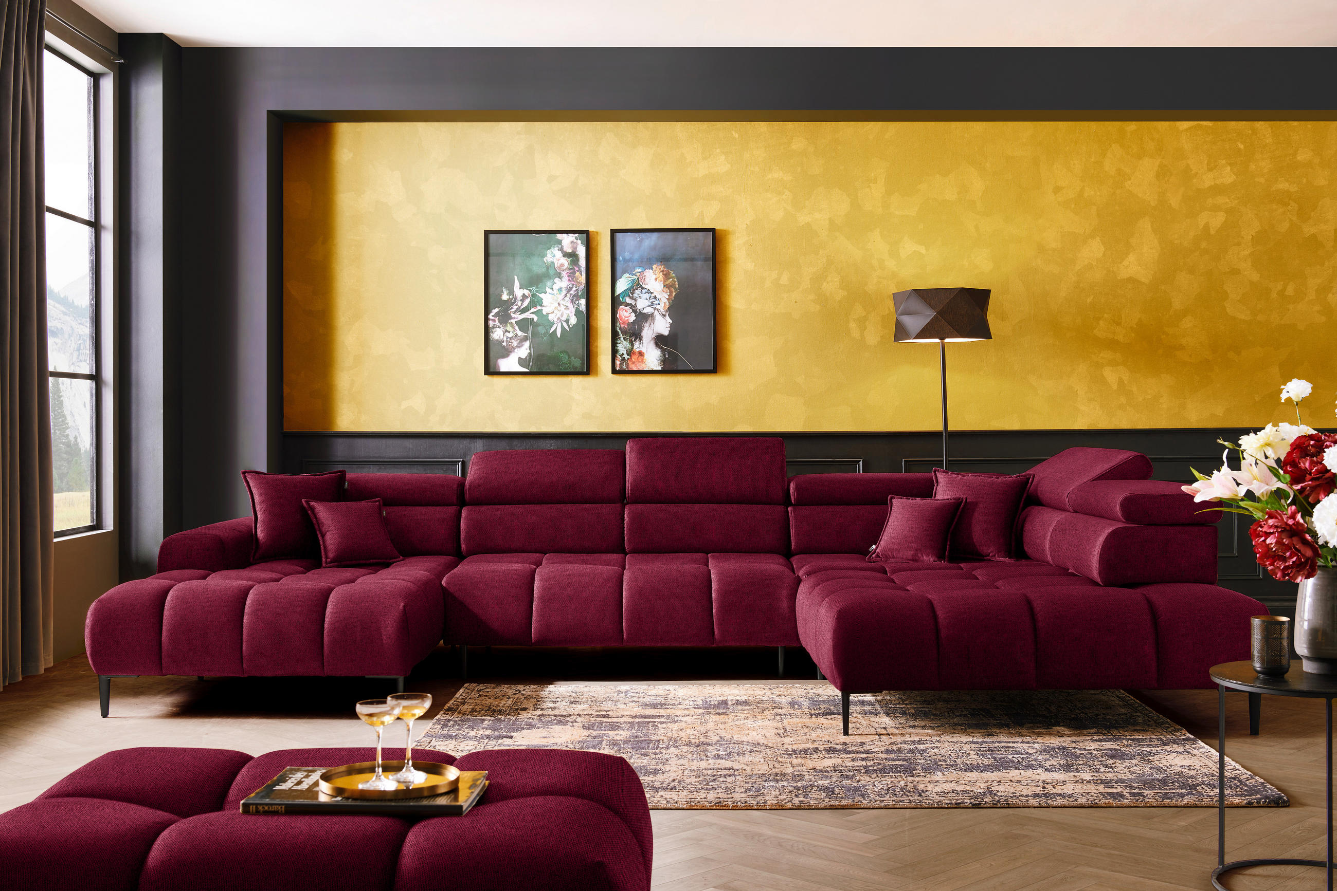 WOHNLANDSCHAFT in Webstoff Rot  - Rot/Schwarz, Design, Textil/Metall (177/385/216cm) - Welnova