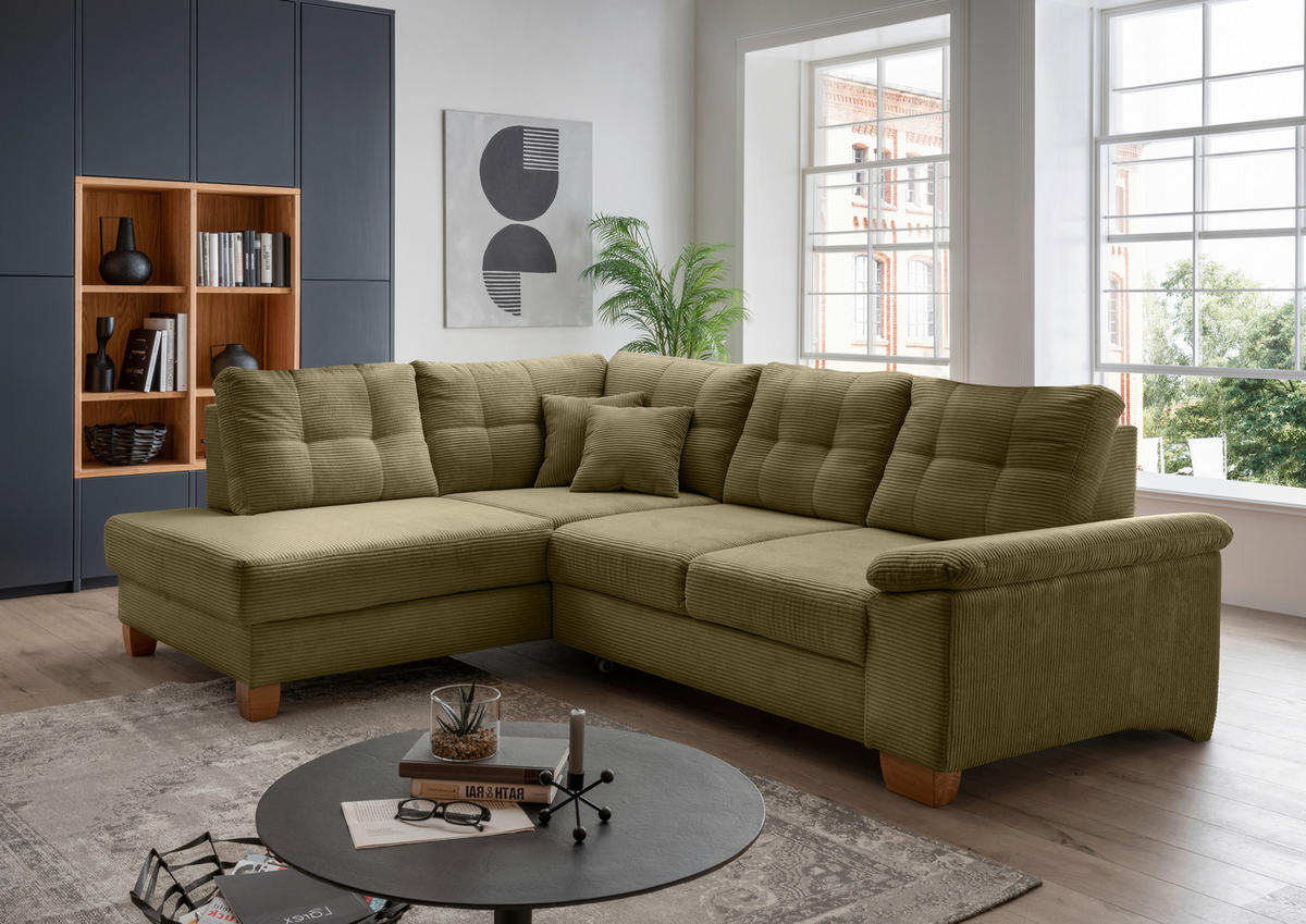 ECKSOFA in Cord Olivgrün  - Naturfarben/Olivgrün, Modern, Holz/Textil (206/274cm) - Livetastic