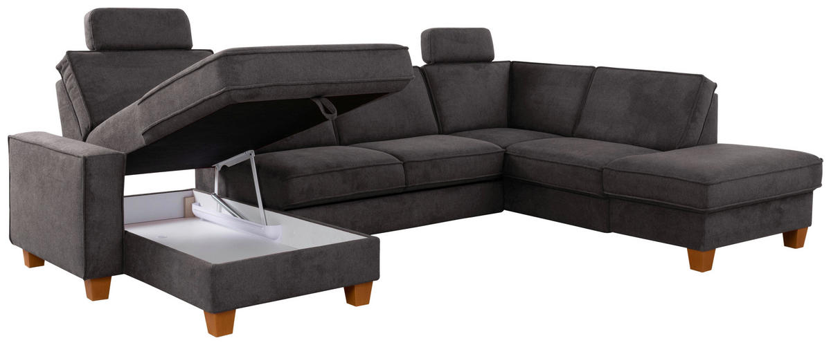 WOHNLANDSCHAFT Dunkelgrau Flachgewebe  - Eichefarben/Dunkelgrau, KONVENTIONELL, Holz/Textil (161/309/213cm) - Sit & More