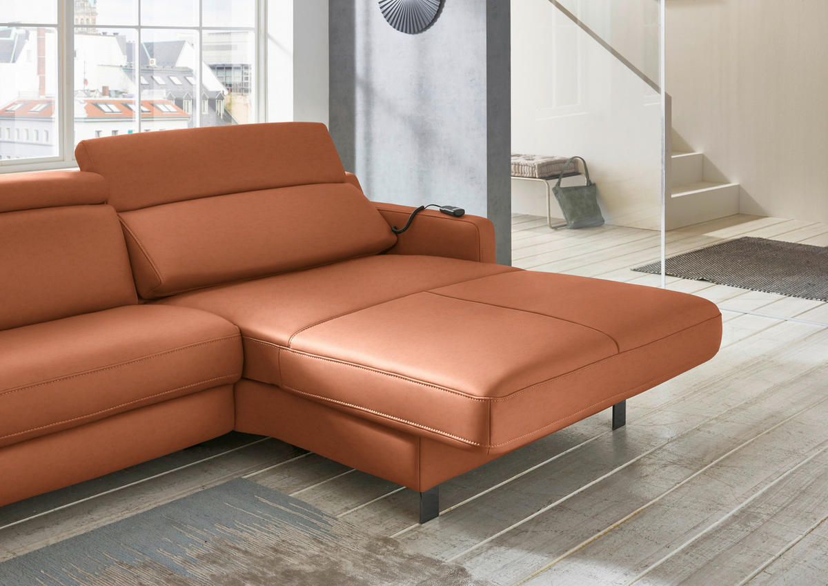 ECKSOFA in Echtleder Cognac  - Cognac/Schwarz, Design, Leder/Metall (291/176cm) - Valdera