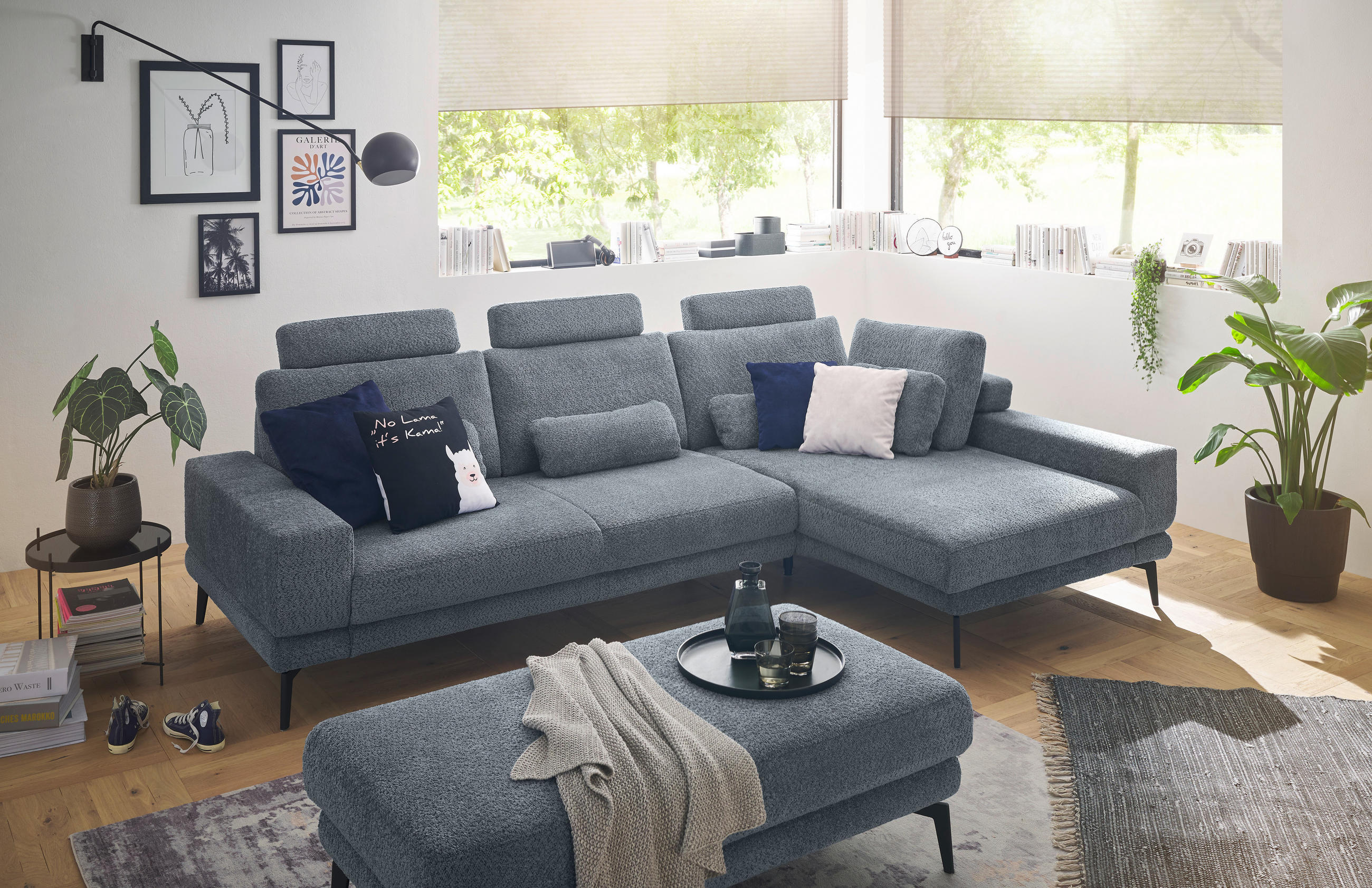 HOCKER Chenille Blau  - Blau/Schwarz, KONVENTIONELL, Textil/Metall (130/44/68cm) - SetOne by Musterring
