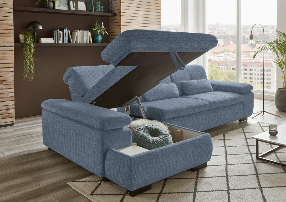ECKSOFA in Flachgewebe Blau  - Blau/Schwarz, Design, Textil/Metall (174/297cm) - Beldomo Style