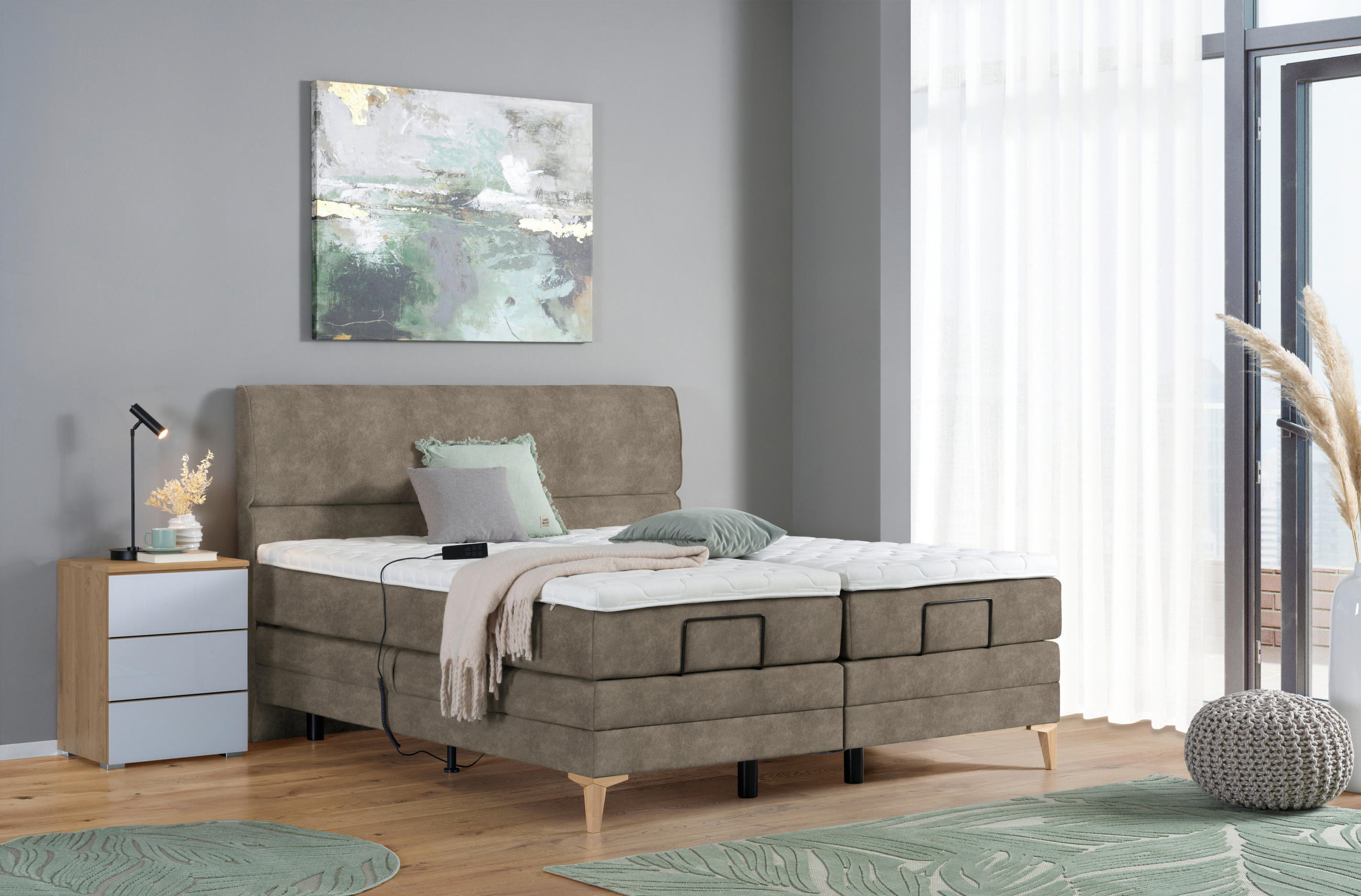 Thumbnail - Voleo Boxspringbett, Taupe, Textil, Eiche, massiv, H3, 7-Zonen, Höhe ca. 19 cm, 160x200 cm, Über- und Sondergrößen erhäl...