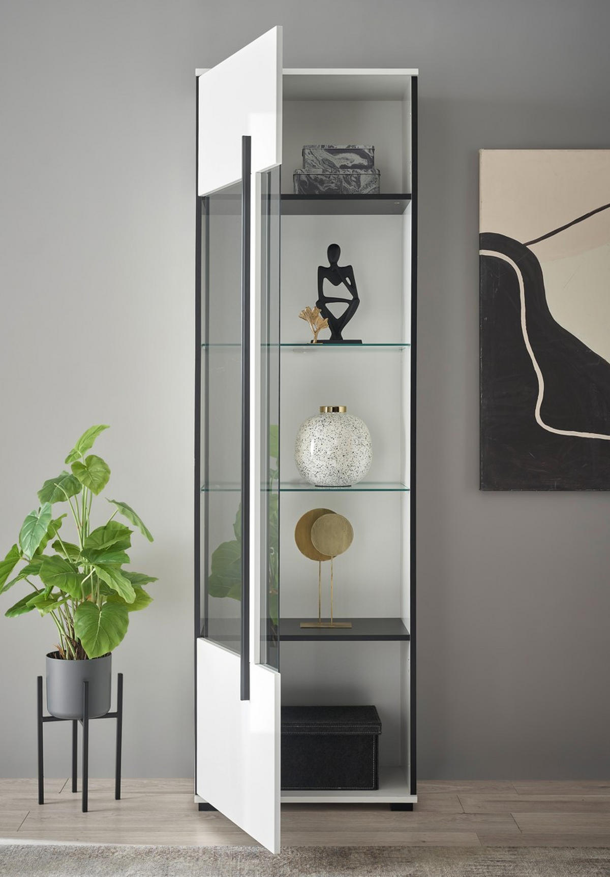 VITRINE  in Weiß Hochglanz  - Weiß Hochglanz/Schwarz, Design, Glas/Holzwerkstoff (60/200/37cm) - Livetastic