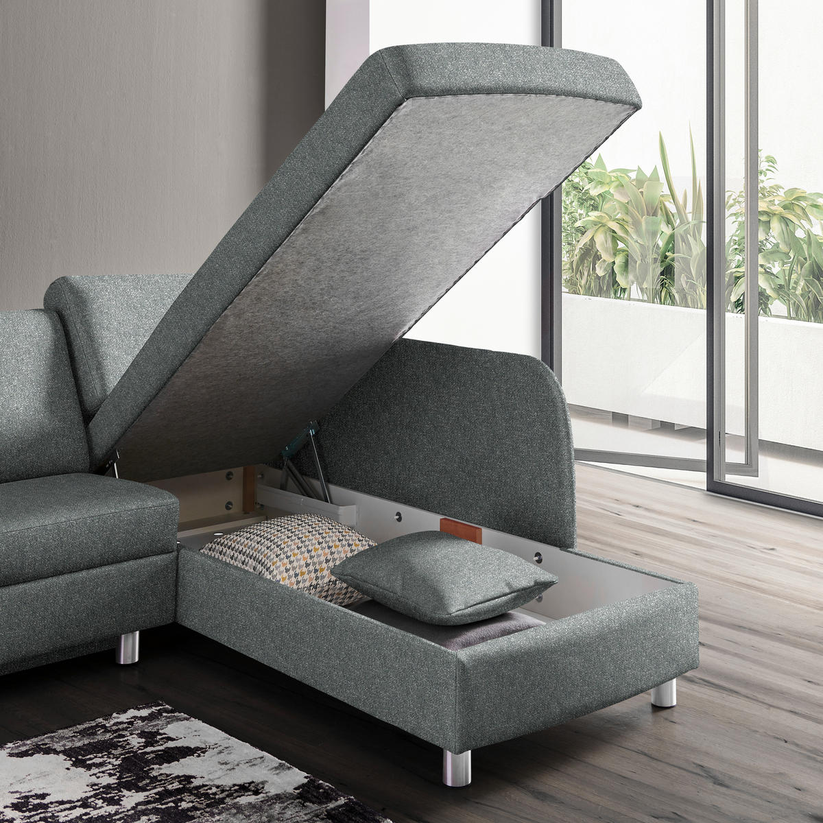 ECKSOFA  in Mikrovelours Graugrün  227/208 cm  - Alufarben/Graugrün, KONVENTIONELL, Textil/Metall (227/208cm) - Sedda