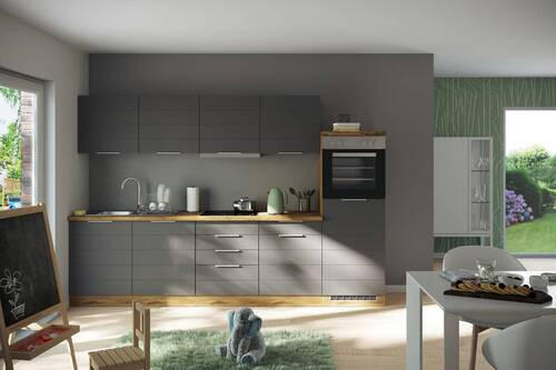 KÜCHENBLOCK 300 cm   in Grau, Eiche Wotan  - Eiche Wotan/Grau, Design, Holzwerkstoff/Metall (300cm) - Held
