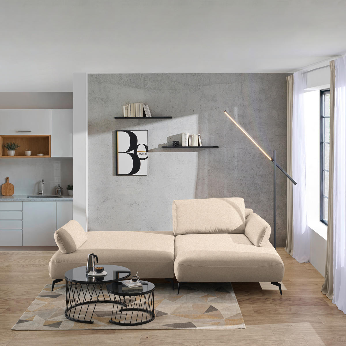 ECKSOFA Struktur Beige  - Beige/Schwarz, Design, Textil/Metall (284/186cm) - Lomoco