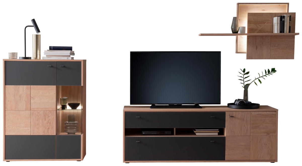 OBÝVACIA STENA, antracitová, dub bianco - čierna/antracitová, Design, kov/drevo (328/193/50cm) - MID.YOU