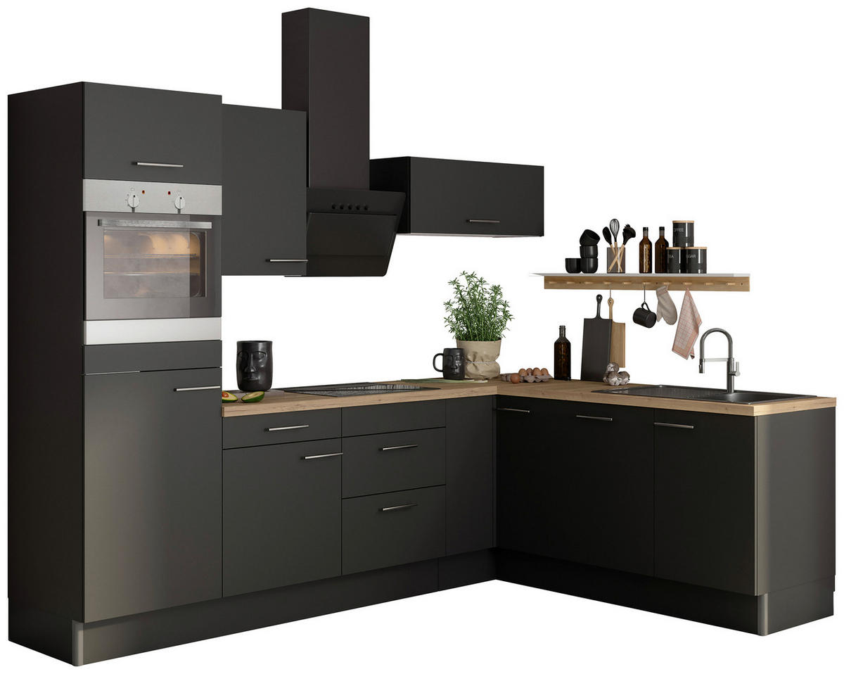 ECKKÜCHE 270/200 cm  in Anthrazit  - Edelstahlfarben/Eichefarben, Basics, Holzwerkstoff/Metall (270/200cm) - Optifit