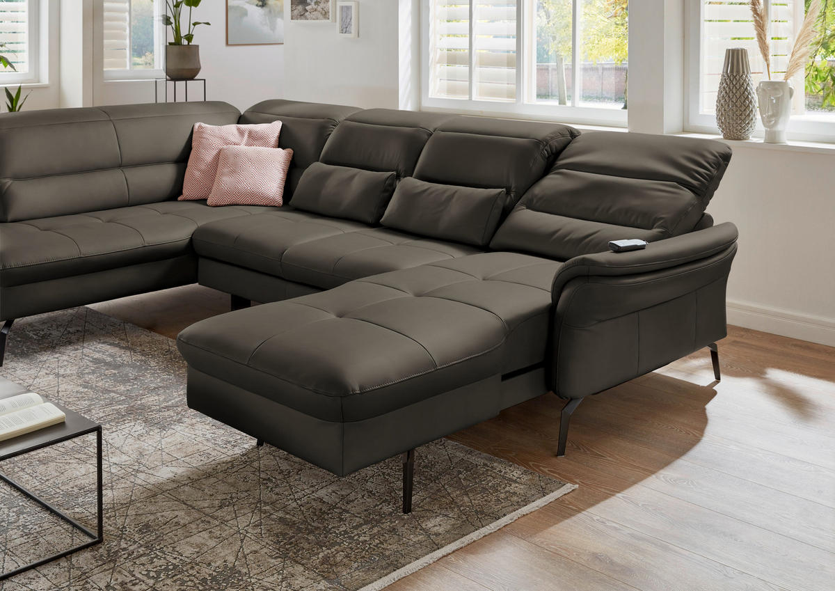 WOHNLANDSCHAFT in Echtleder Graubraun  - Graubraun/Schwarz, Design, Leder/Metall (206/336/181cm) - Beldomo Speed