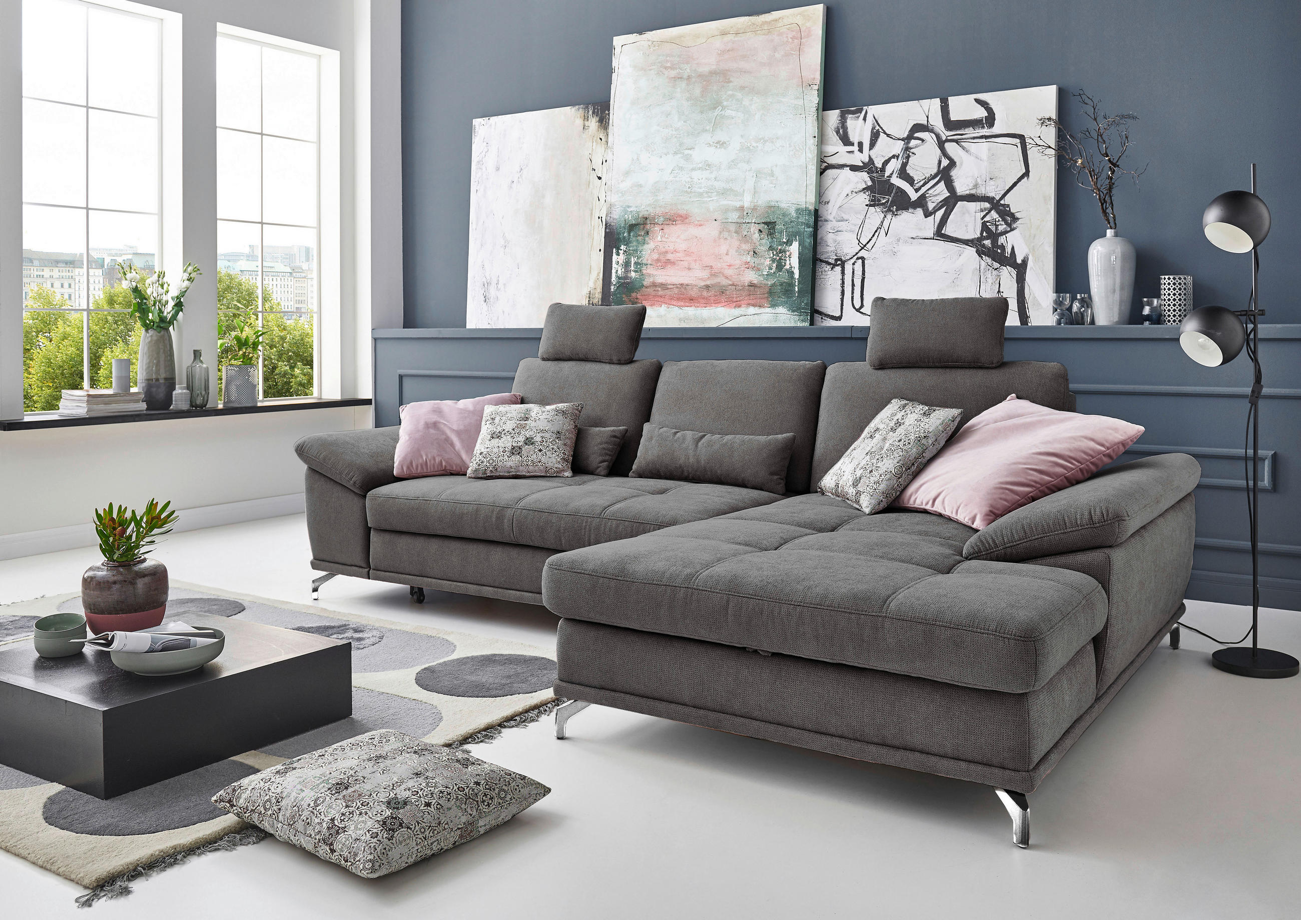 ECKSOFA Grau Flachgewebe Bettkasten, Schlaffunktion, Sitztiefenverstellung, Kopfstütze, Liegefläche im Originalstoff  - Silberfarben/Grau, KONVENTIONELL, Textil/Metall (301/176cm) - Sit & More