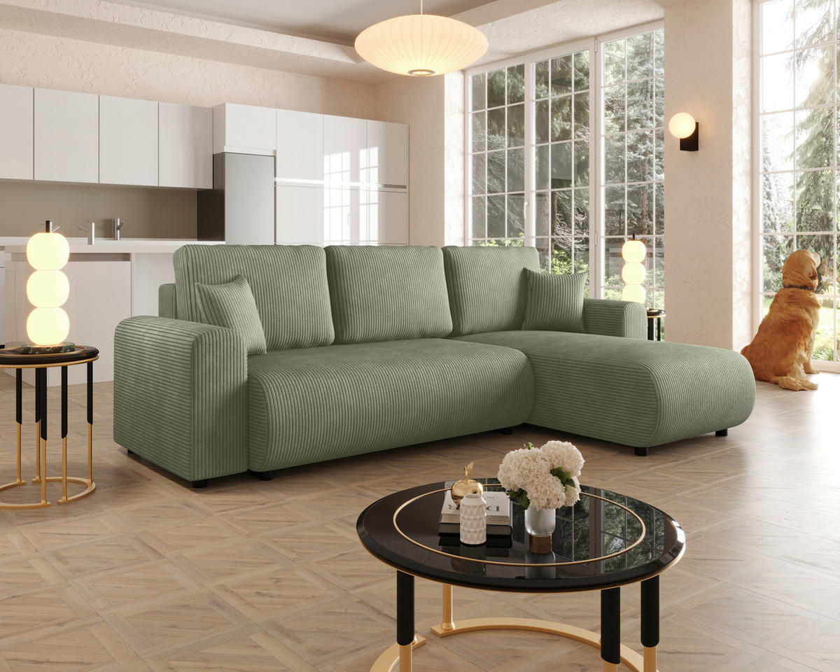 ECKSOFA Grün Cord Zierkissen, Rückenkissen, Schlaffunktion, Rücken echt, Stauraum, Liegefläche im Originalstoff  - Schwarz/Grün, KONVENTIONELL, Kunststoff/Textil (246/152cm) - Xora