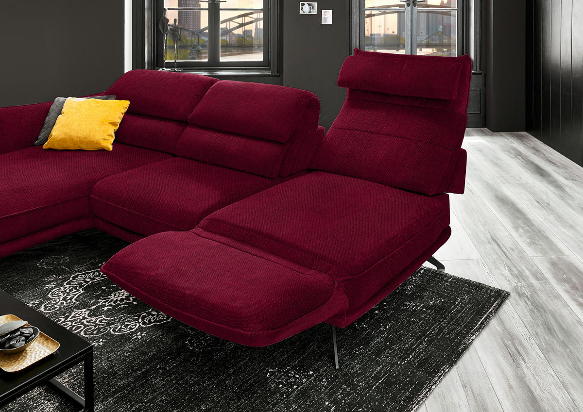 ECKSOFA in Velours Rot  - Rot/Schwarz, Design, Textil/Metall (153/283cm) - Valdera
