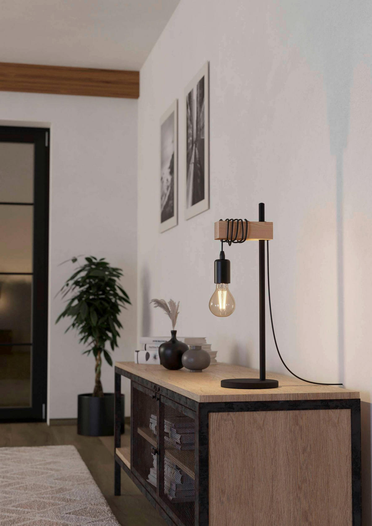 TISCHLEUCHTE Townshend 15,5/50 cm  - Schwarz/Braun, KONVENTIONELL, Holz/Metall (15,5/50cm)