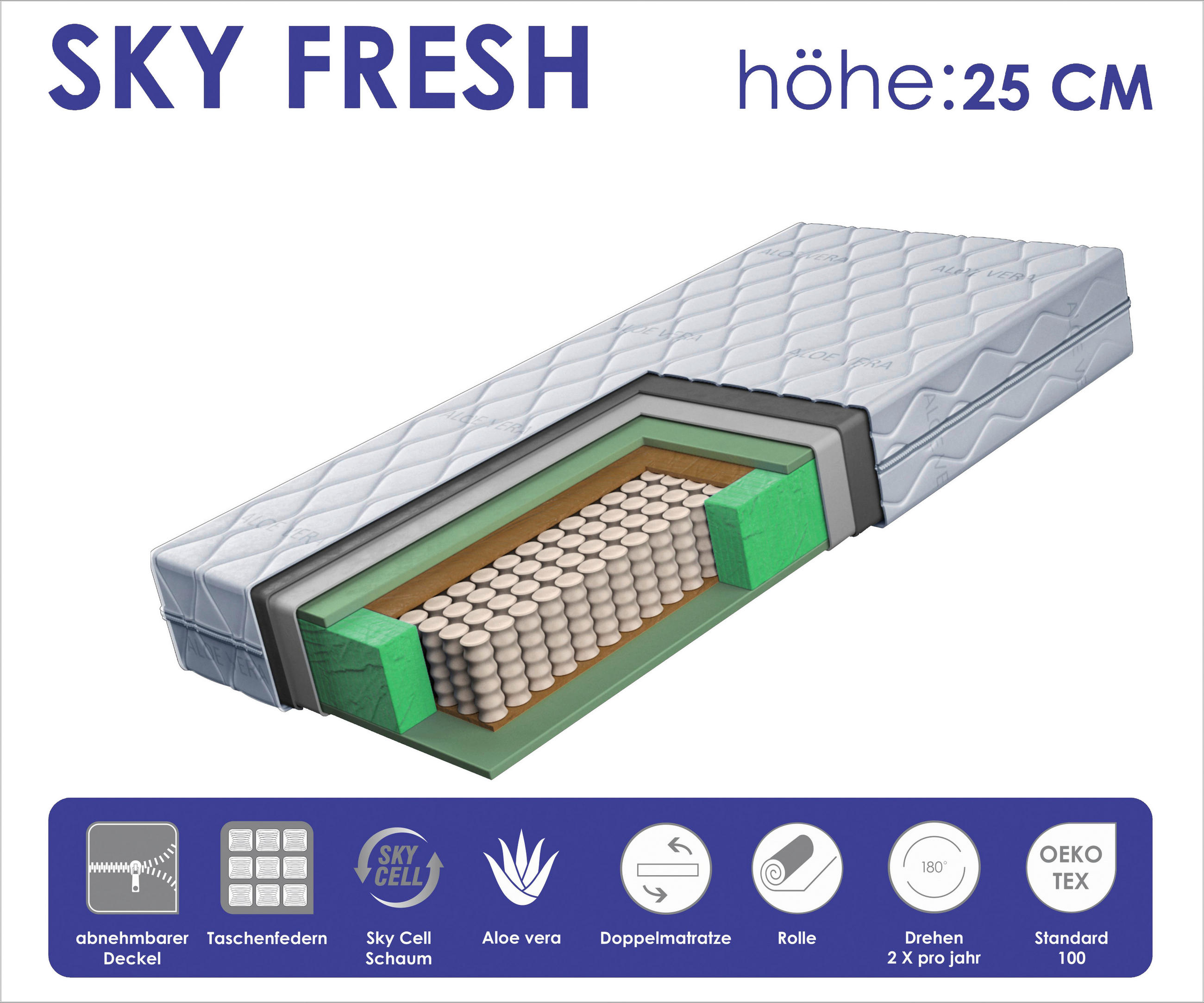 Thumbnail - Boxxx Taschenfederkernmatratze, Textil, H3, 90x200 cm, Oeko-Tex® Standard 100, Bezug abnehmbar/waschbar, mit Aloe Vera, ...