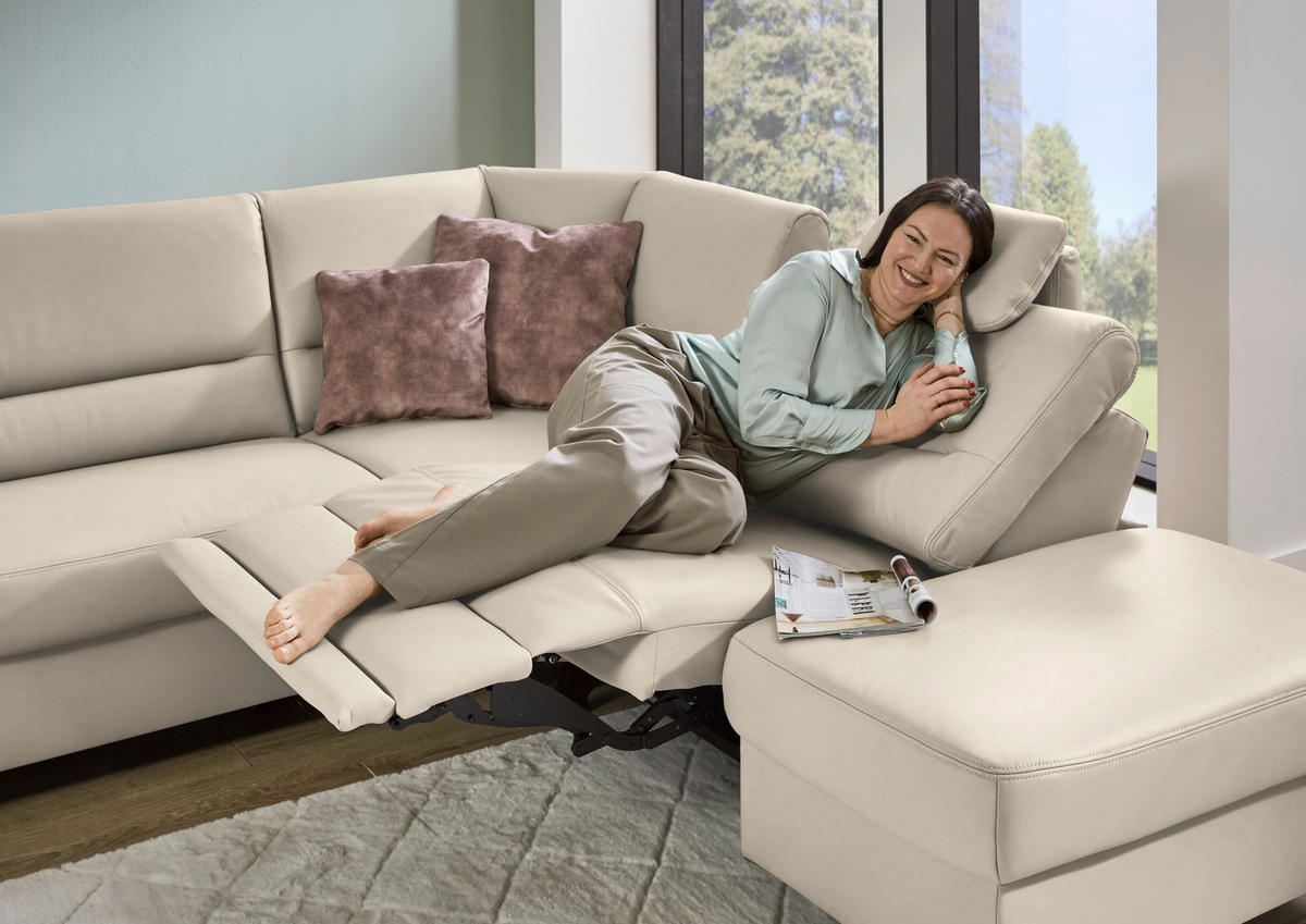 ECKSOFA  in Echtleder Ecru  290/249 cm  - Ecru/Schwarz, KONVENTIONELL, Leder/Metall (290/249cm) - Beldomo Premium