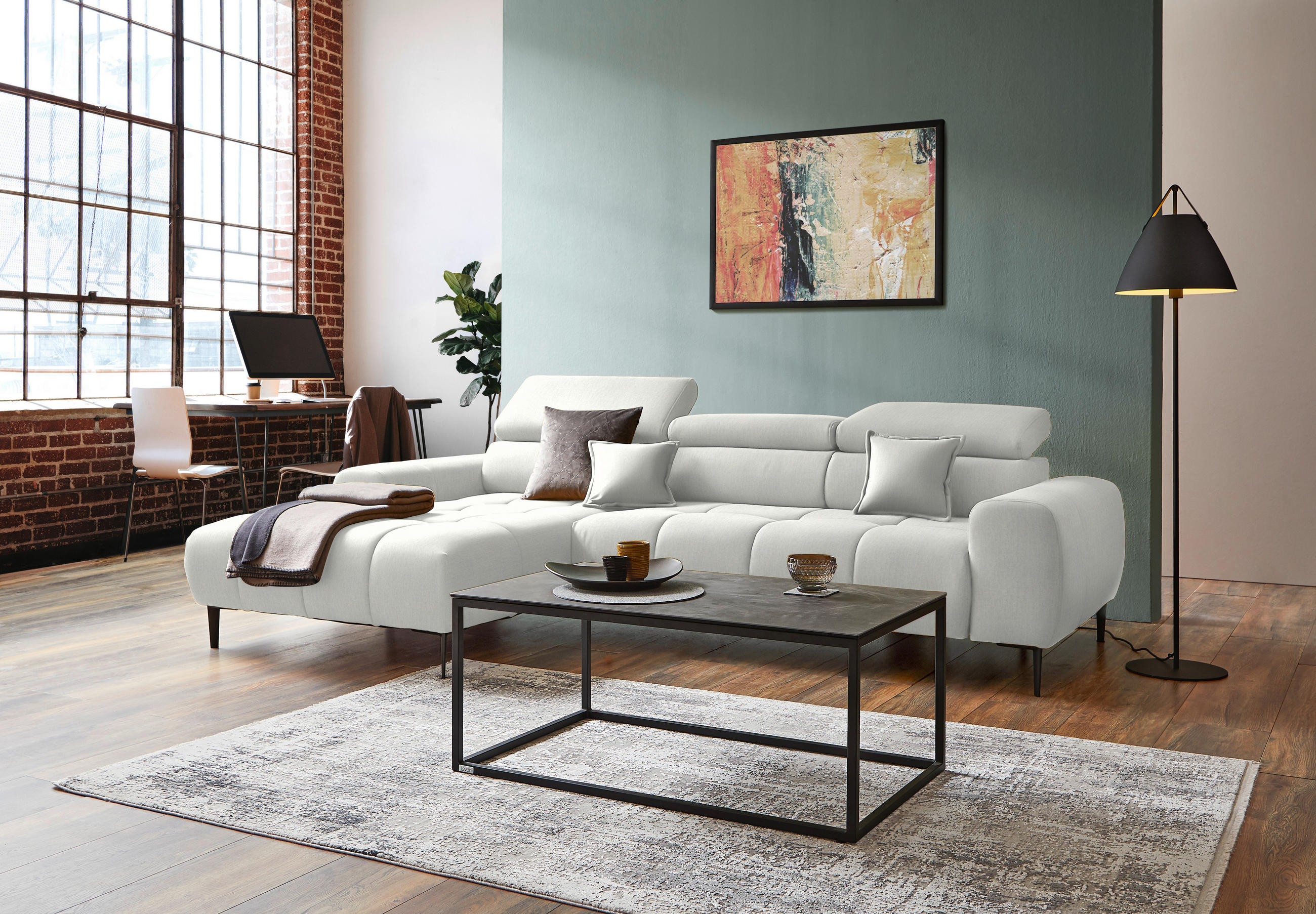 ECKSOFA Creme Samt, Webstoff  - Creme/Schwarz, Design, Textil/Metall (177/270cm) - Welnova