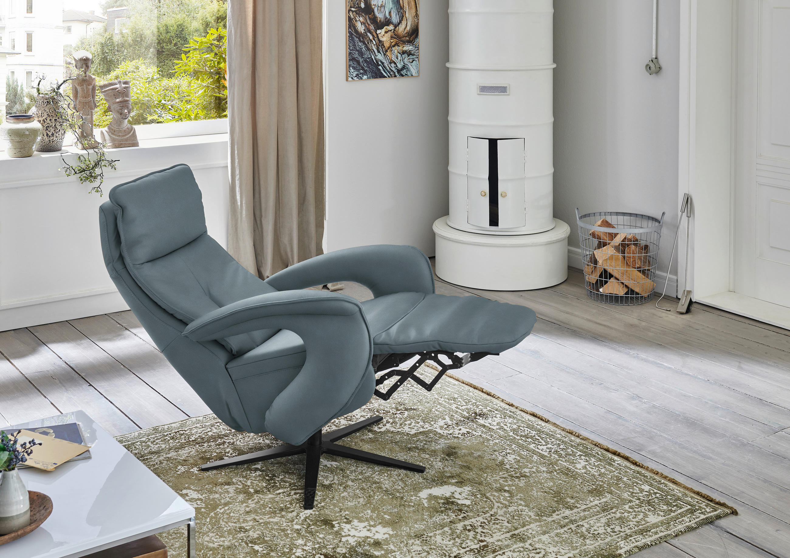 RELAXSESSEL in Leder Blaugrau  - Blaugrau/Schwarz, Design, Leder/Metall (77/119/87cm) - Valdera