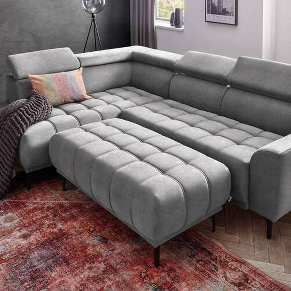 ECKSOFA in Velours Grau  - Schwarz/Grau, Design, Textil/Metall (191/261cm) - Stylife