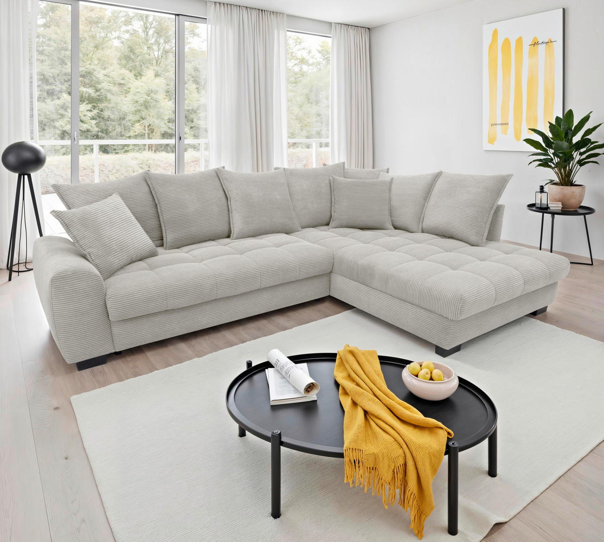 ECKSOFA Elfenbein Cord Rückenkissen, Armlehnenkissen, Bettkasten, Schlaffunktion, Rücken echt, Liegefläche im Originalstoff  - Elfenbein/Schwarz, KONVENTIONELL, Kunststoff/Textil (304/212cm) - Carryhome