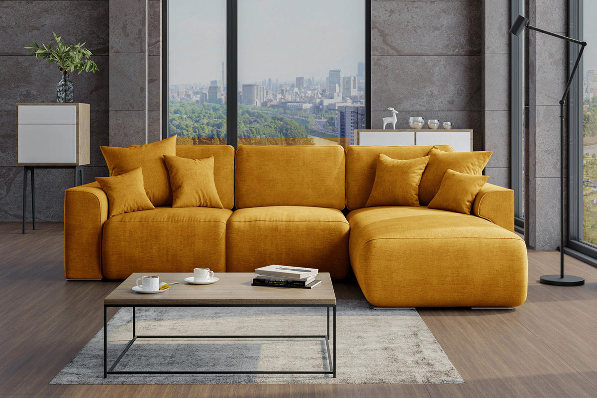 ECKSOFA in Samt Gelb  293/195 cm  - Chromfarben/Gelb, KONVENTIONELL, Kunststoff/Textil (293/195cm) - Carryhome