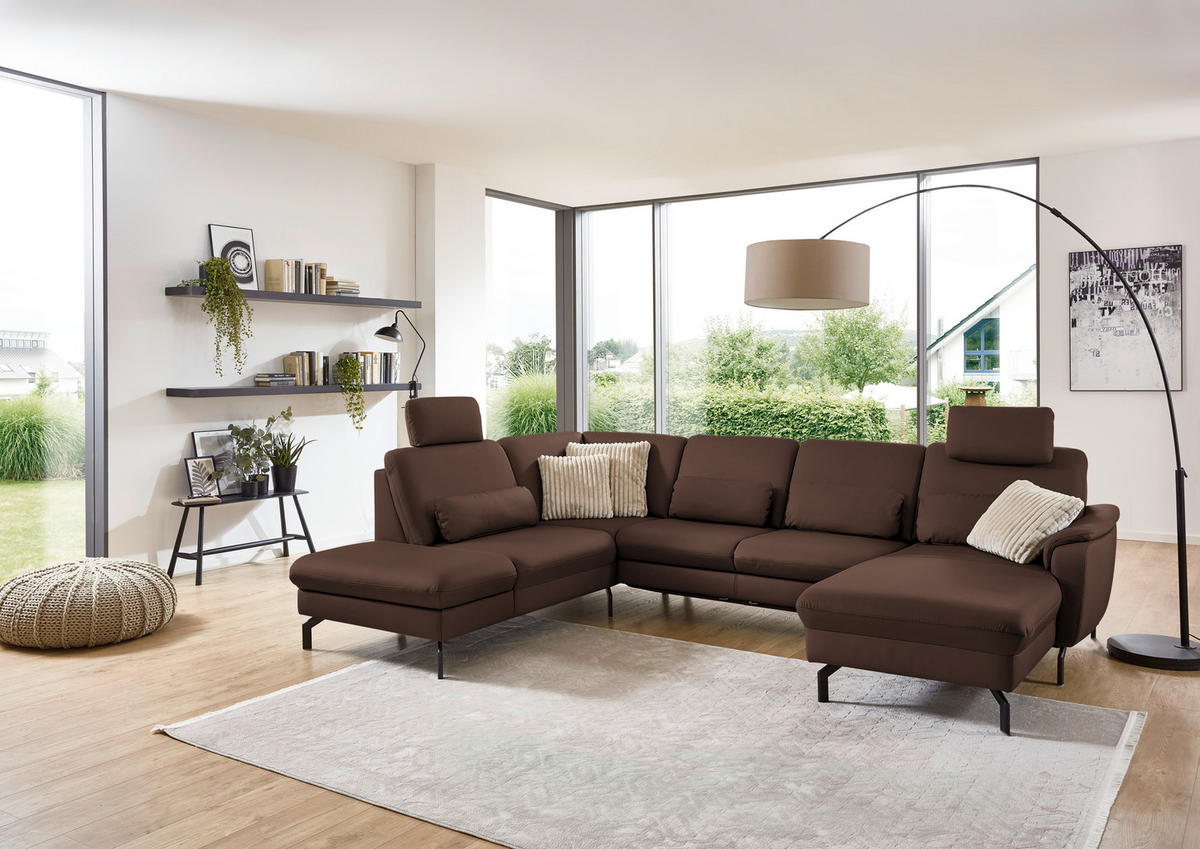 WOHNLANDSCHAFT Echtleder Mokka  - Schwarz/Mokka, Konventionell, Leder/Metall (224/306/168cm) - Beldomo Premium