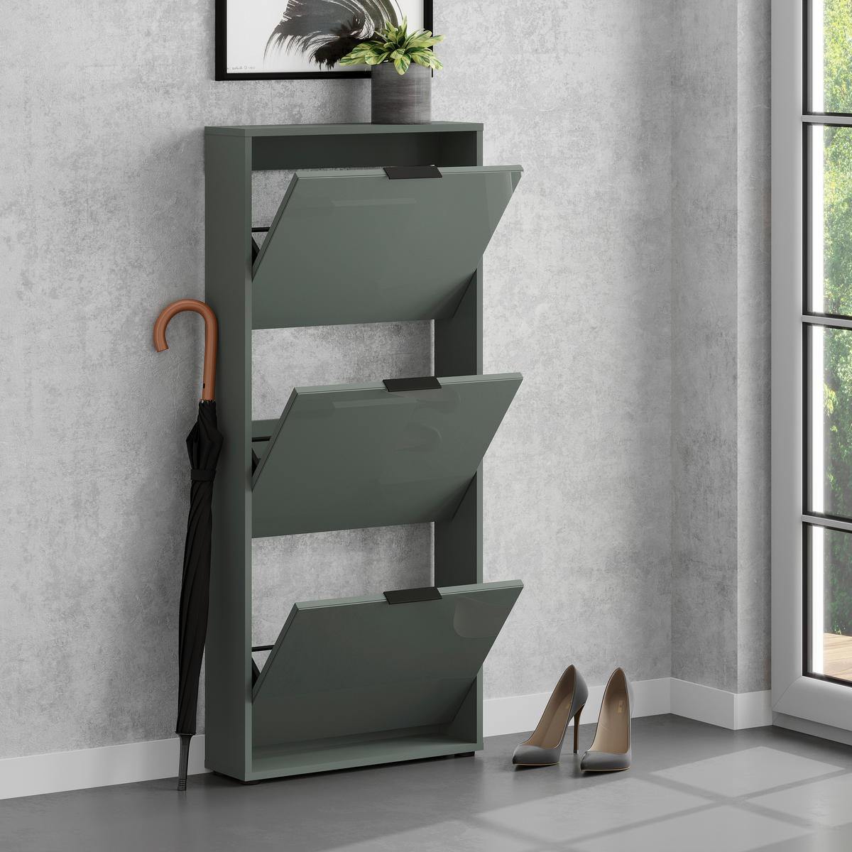 SCHUHKIPPER - Salbeigrün/Schwarz, MODERN, Glas/Holzwerkstoff (60/137/17cm) - Boxxx